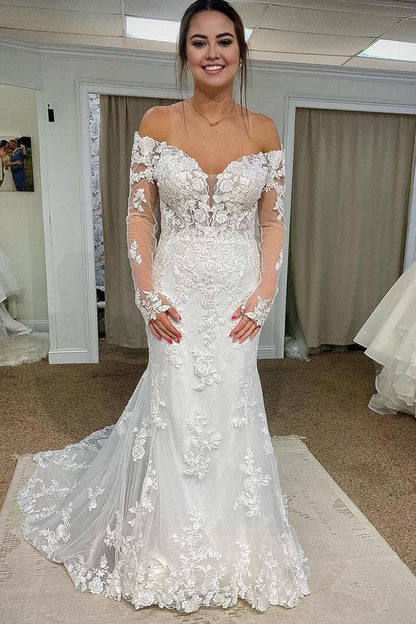 Mermaid Court Train Lace Polyester Off The Shoulder Long Sleeve Long Wedding Dress  with Appliques