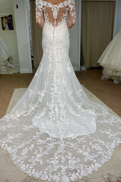 Mermaid Court Train Lace Polyester Off The Shoulder Long Sleeve Long Wedding Dress  with Appliques