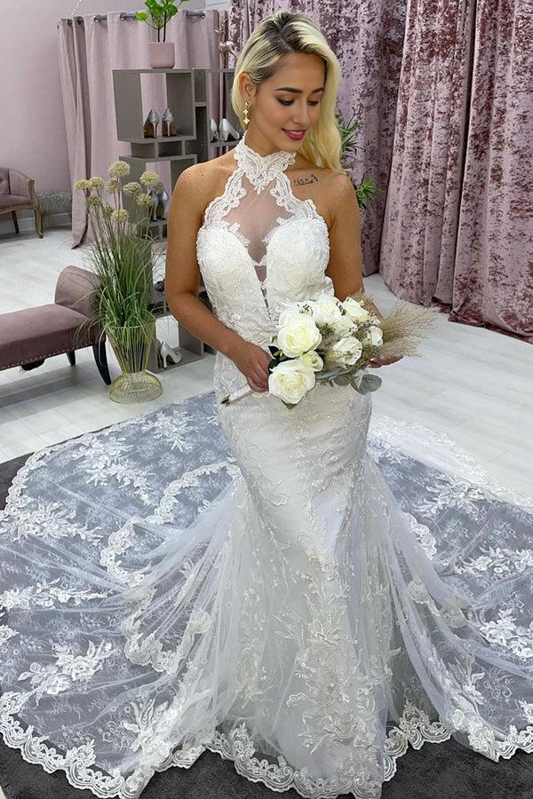 Mermaid / Trumpet Halter Neckline Court Train Lace Tulle Wedding Dress with Appliques