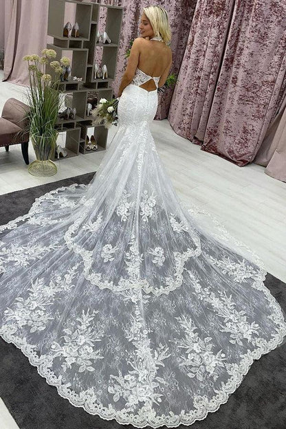 Mermaid / Trumpet Halter Neckline Court Train Lace Tulle Wedding Dress with Appliques