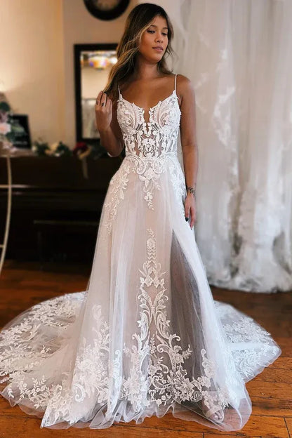 V-neck Sleeveless Detachable Sleeve High Slit A-Line Chapel Train Wedding Dress with Appliques