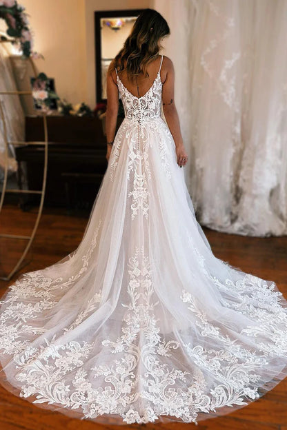 V-neck Sleeveless Detachable Sleeve High Slit A-Line Chapel Train Wedding Dress with Appliques