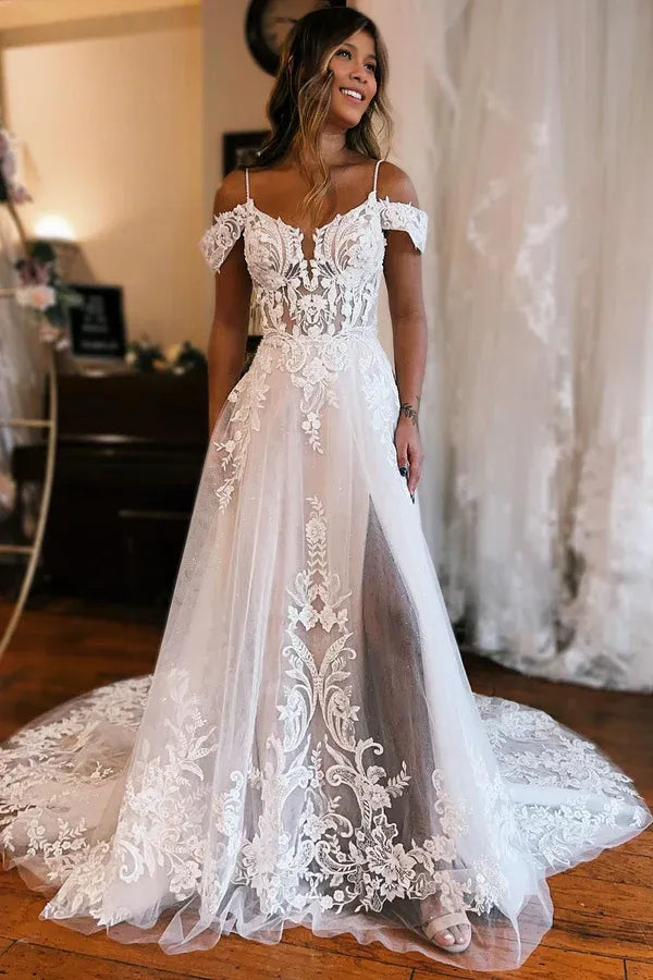 V-neck Sleeveless Detachable Sleeve High Slit A-Line Chapel Train Wedding Dress with Appliques