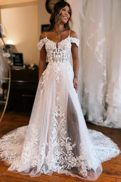 V-neck Sleeveless Detachable Sleeve High Slit A-Line Chapel Train Wedding Dress with Appliques