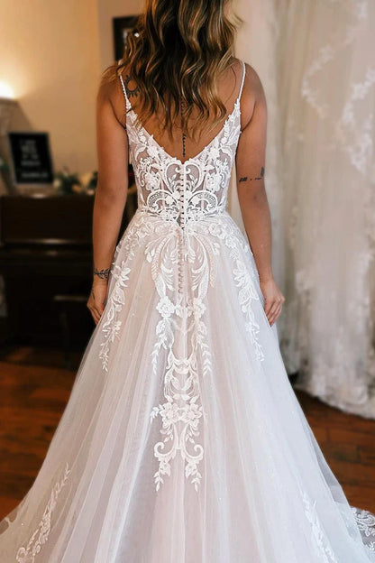 V-neck Sleeveless Detachable Sleeve High Slit A-Line Chapel Train Wedding Dress with Appliques