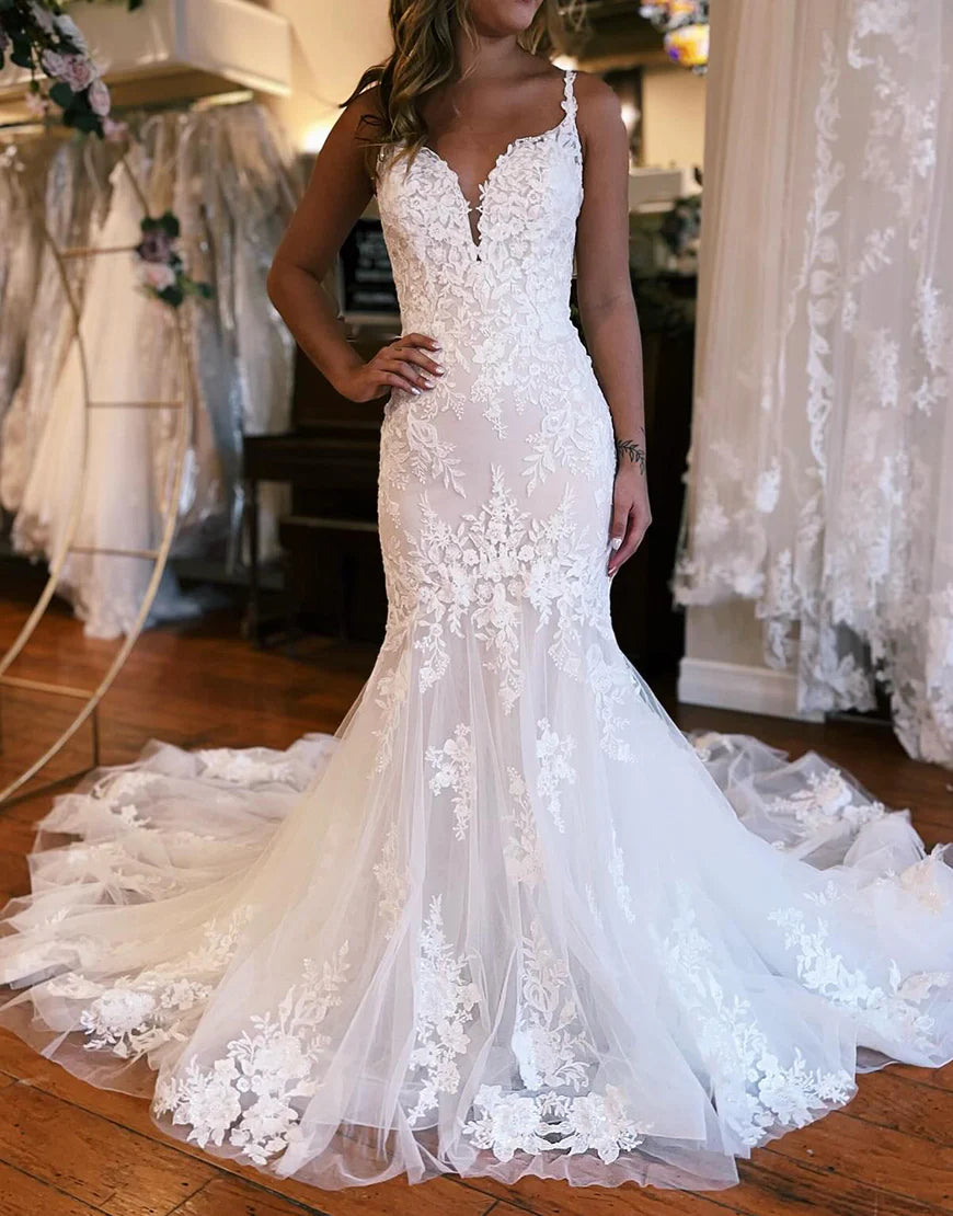 Mermaid V Neck Tulle Lace Wedding Dress