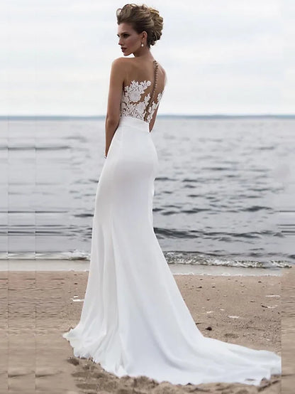 Wedding Dresses Jewel Neck Chapel Train Chiffon Lace Regular Straps Mordern See-Through with Sashes Ribbons Appliques