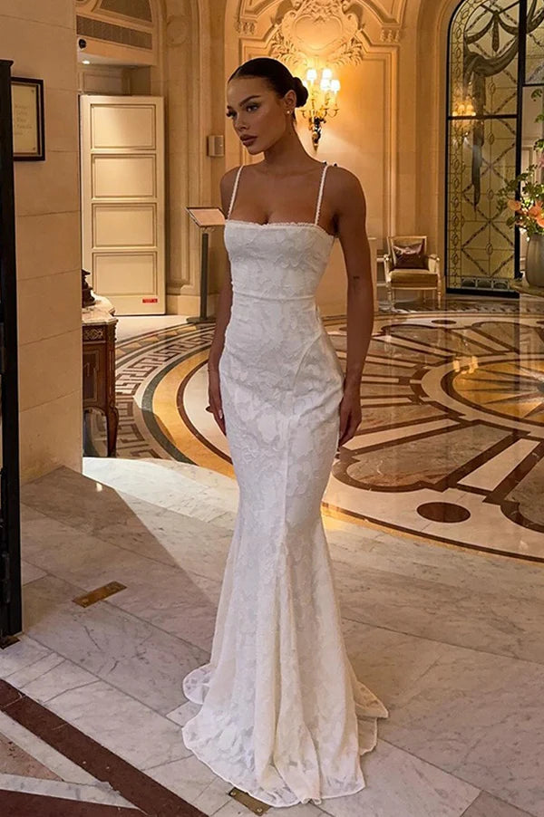 White Lace Mermaid Long Evening Gown for Party Wedding Banquet Festival Prom Formal Occasions