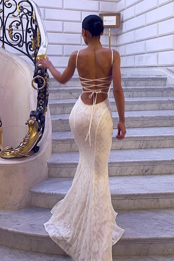 White Lace Mermaid Long Evening Gown for Party Wedding Banquet Festival Prom Formal Occasions