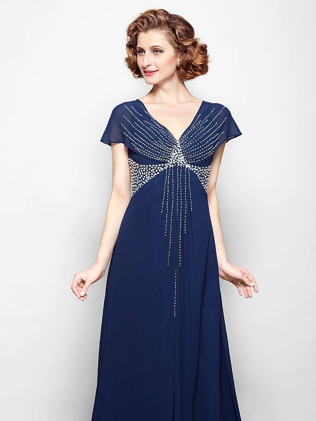 A-Line Mother of the Bride Dress V Neck Court Train Georgette Short Sleeve with Beading Sequin