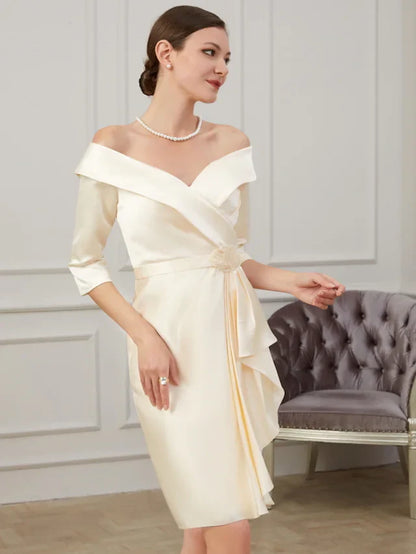 Mother of the Bride Dress Plus Size Off Shoulder Knee Length Polyester Half Sleeve with Ruffles Ruching  5 reviews