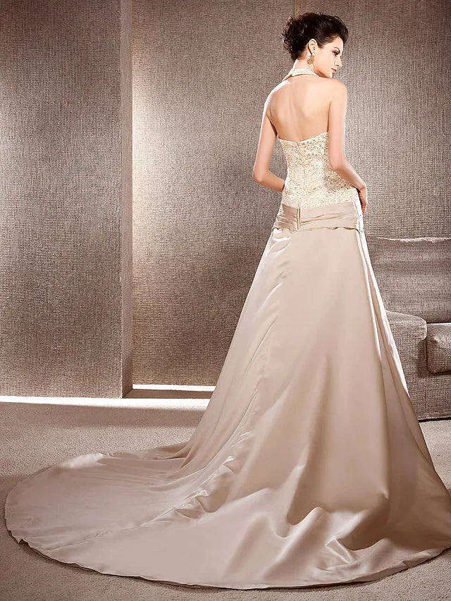 Princess A-Line Wedding Dresses V Neck Chapel Train Lace Satin Sleeveless Wedding Dress in Color with Lace Ruched Flower
