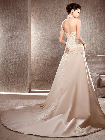 Princess A-Line Wedding Dresses V Neck Chapel Train Lace Satin Sleeveless Wedding Dress in Color with Lace Ruched Flower