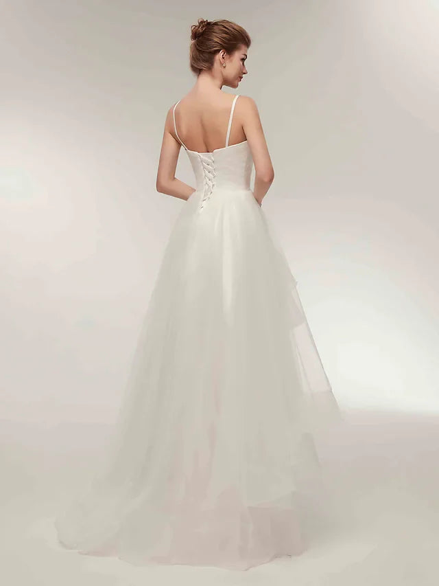 A-Line Wedding Dresses V Neck Asymmetrical Tulle Spaghetti Strap Simple Casual Little White Dress with Side-Draped