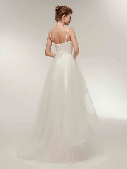 A-Line Wedding Dresses V Neck Asymmetrical Tulle Spaghetti Strap Simple Casual Little White Dress with Side-Draped