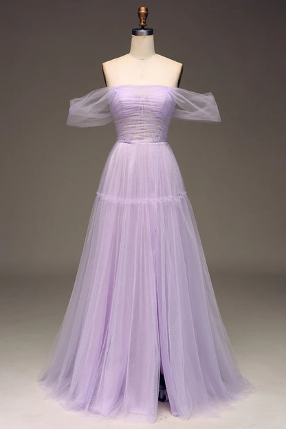 A Line Lilac Off the Shoulder Tulle Princess Prom Dress With Slit