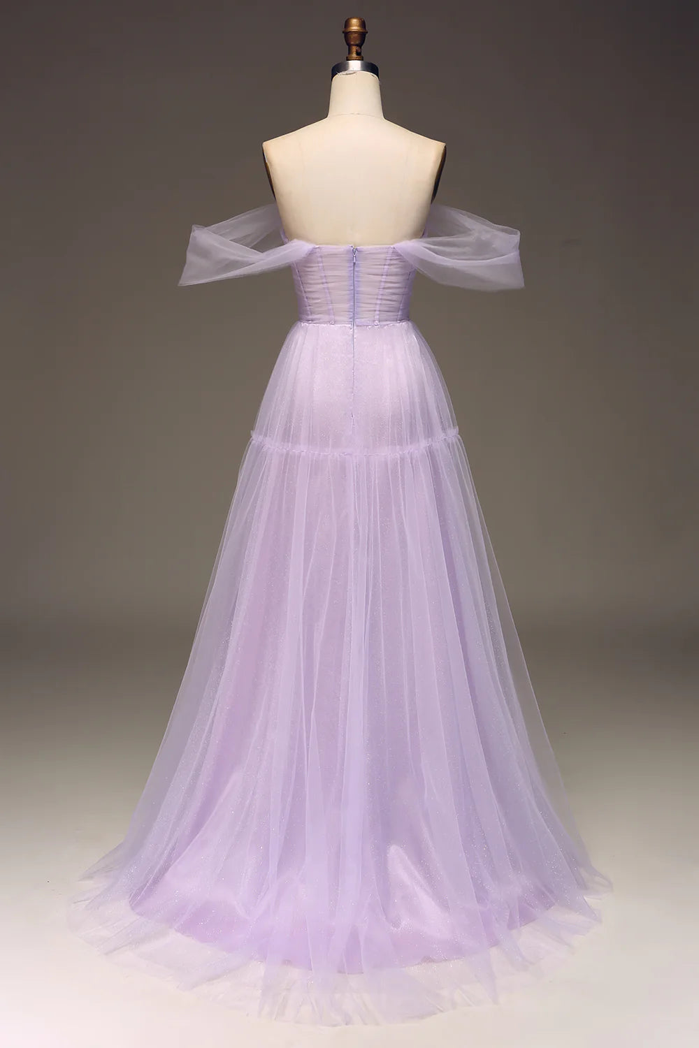 A Line Lilac Off the Shoulder Tulle Princess Prom Dress With Slit