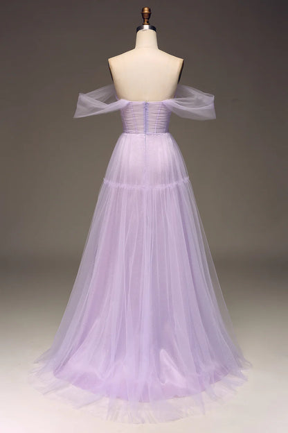A Line Lilac Off the Shoulder Tulle Princess Prom Dress With Slit