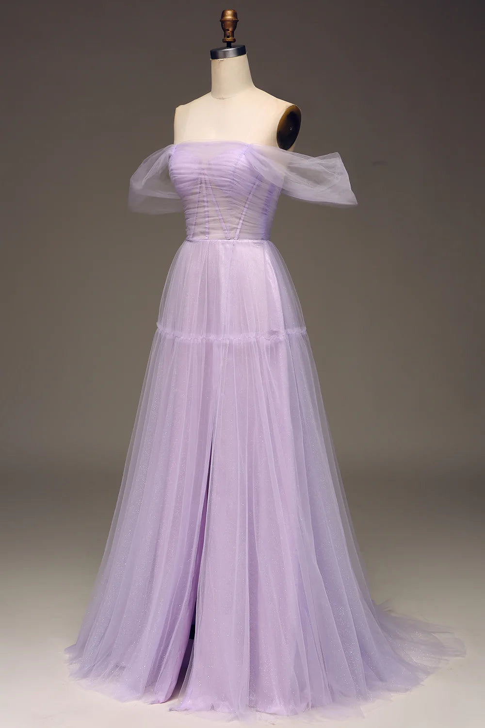 A Line Lilac Off the Shoulder Tulle Princess Prom Dress With Slit
