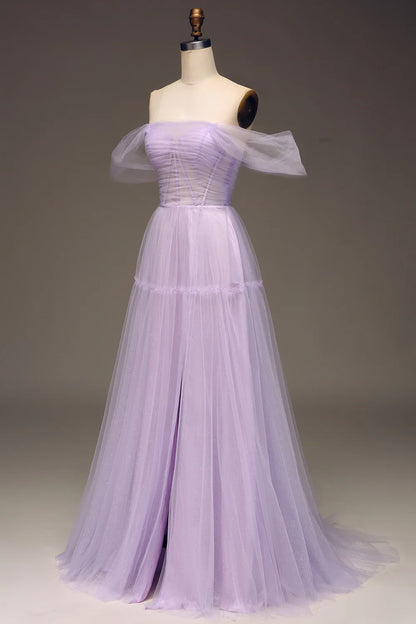 A Line Lilac Off the Shoulder Tulle Princess Prom Dress With Slit