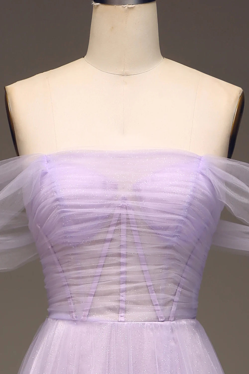 A Line Lilac Off the Shoulder Tulle Princess Prom Dress With Slit