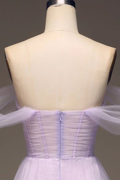 A Line Lilac Off the Shoulder Tulle Princess Prom Dress With Slit