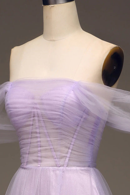 A Line Lilac Off the Shoulder Tulle Princess Prom Dress With Slit