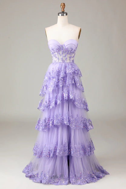 Mermaid Lavender Prom Dresses Corsets Dress Wedding Guest Evening Party Court Train Sleeveless Tulle with Sequin Slit