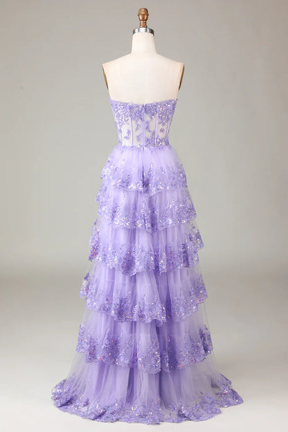Mermaid Lavender Prom Dresses Corsets Dress Wedding Guest Evening Party Court Train Sleeveless Tulle with Sequin Slit