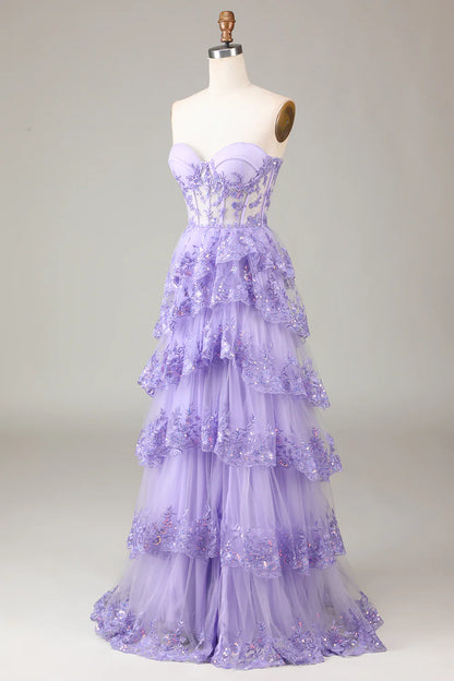 Mermaid Lavender Prom Dresses Corsets Dress Wedding Guest Evening Party Court Train Sleeveless Tulle with Sequin Slit