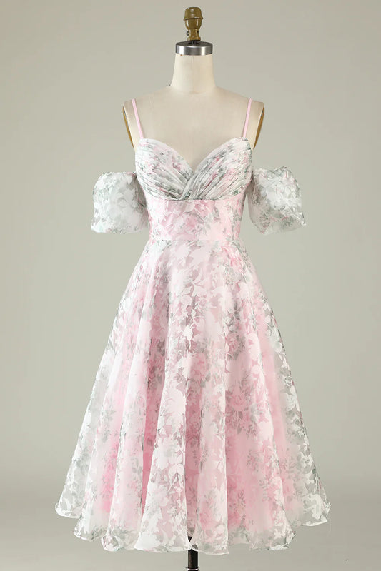 A-Line Spaghetti Straps Cold Shoulder Flower Printed Cocktail Dress