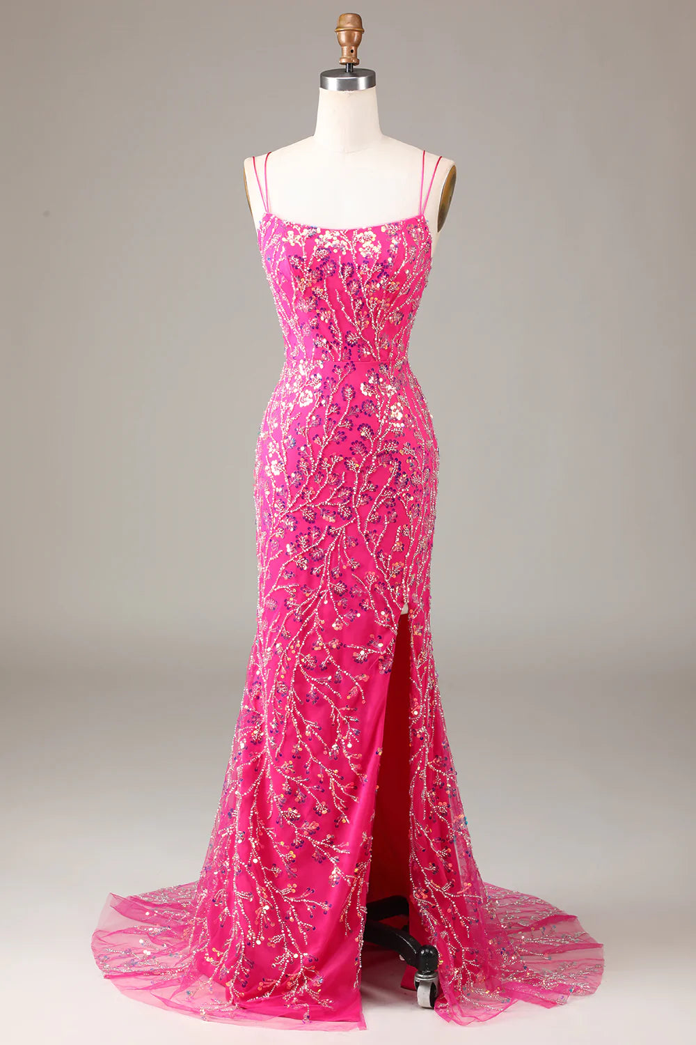 Sheath Mermaid Spaghetti Straps Hot Pink Sequins Beaded Prom Dress  Evening Dress With Slit