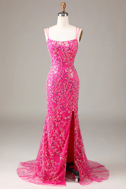 Sheath Mermaid Spaghetti Straps Hot Pink Sequins Beaded Prom Dress  Evening Dress With Slit