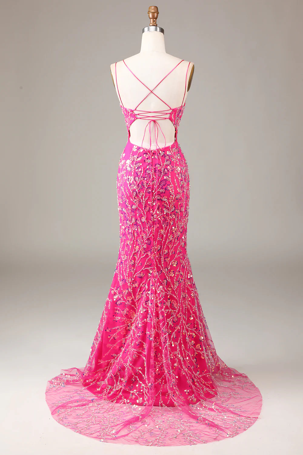 Sheath Mermaid Spaghetti Straps Hot Pink Sequins Beaded Prom Dress  Evening Dress With Slit