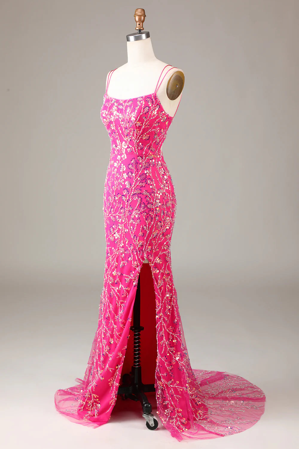 Sheath Mermaid Spaghetti Straps Hot Pink Sequins Beaded Prom Dress  Evening Dress With Slit