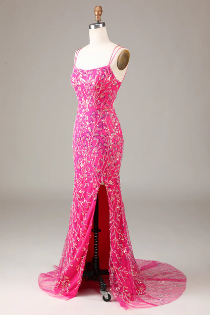 Sheath Mermaid Spaghetti Straps Hot Pink Sequins Beaded Prom Dress  Evening Dress With Slit