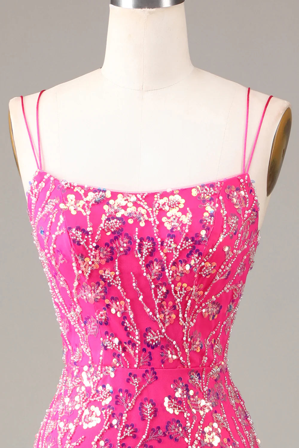Sheath Mermaid Spaghetti Straps Hot Pink Sequins Beaded Prom Dress  Evening Dress With Slit
