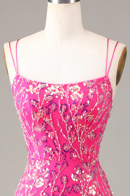 Sheath Mermaid Spaghetti Straps Hot Pink Sequins Beaded Prom Dress  Evening Dress With Slit