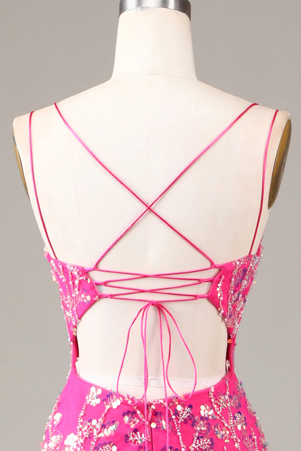 Sheath Mermaid Spaghetti Straps Hot Pink Sequins Beaded Prom Dress  Evening Dress With Slit