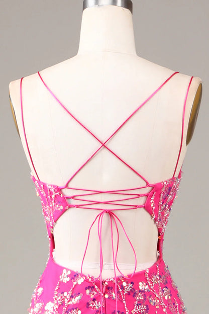 Sheath Mermaid Spaghetti Straps Hot Pink Sequins Beaded Prom Dress  Evening Dress With Slit