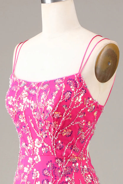 Sheath Mermaid Spaghetti Straps Hot Pink Sequins Beaded Prom Dress  Evening Dress With Slit