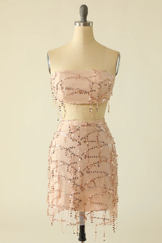 Two Pieces Sequins Strapless Pink Short/Mini Homecoming Dress