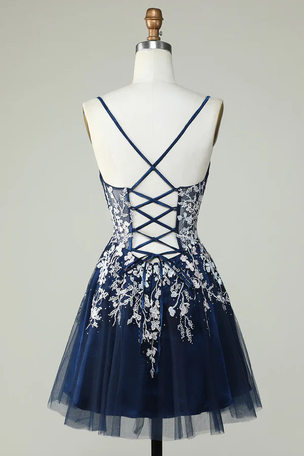 A Line Spaghetti Straps Cute Corset Homecoming Dress With Appliques