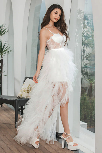 Cocktail Dresses White High Low Ruffled Corset Engagement Party Dress with Lace