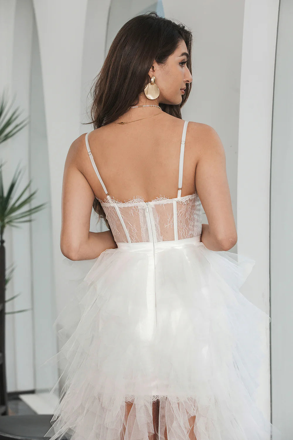 Cocktail Dresses White High Low Ruffled Corset Engagement Party Dress with Lace