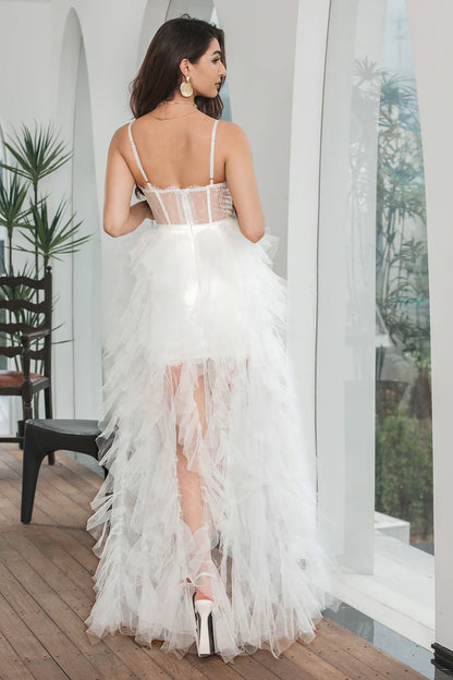 Cocktail Dresses White High Low Ruffled Corset Engagement Party Dress with Lace