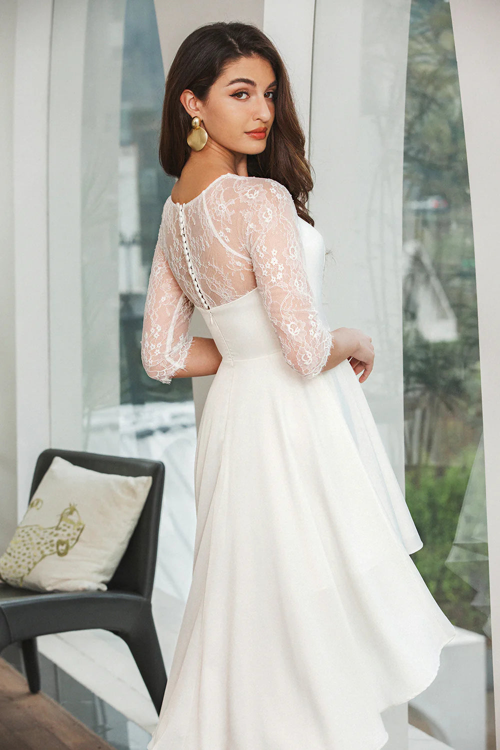 Cocktail Dresses Simple White Lace Sleeves High Low Graduation Dress