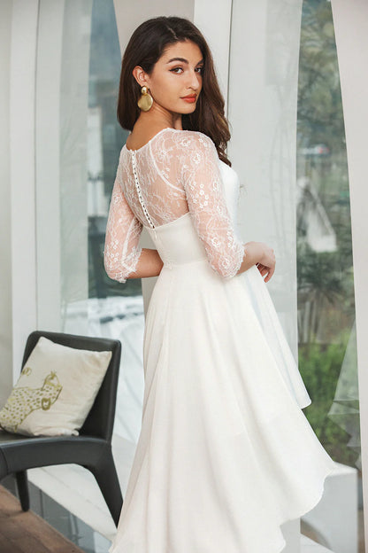 Cocktail Dresses Simple White Lace Sleeves High Low Graduation Dress