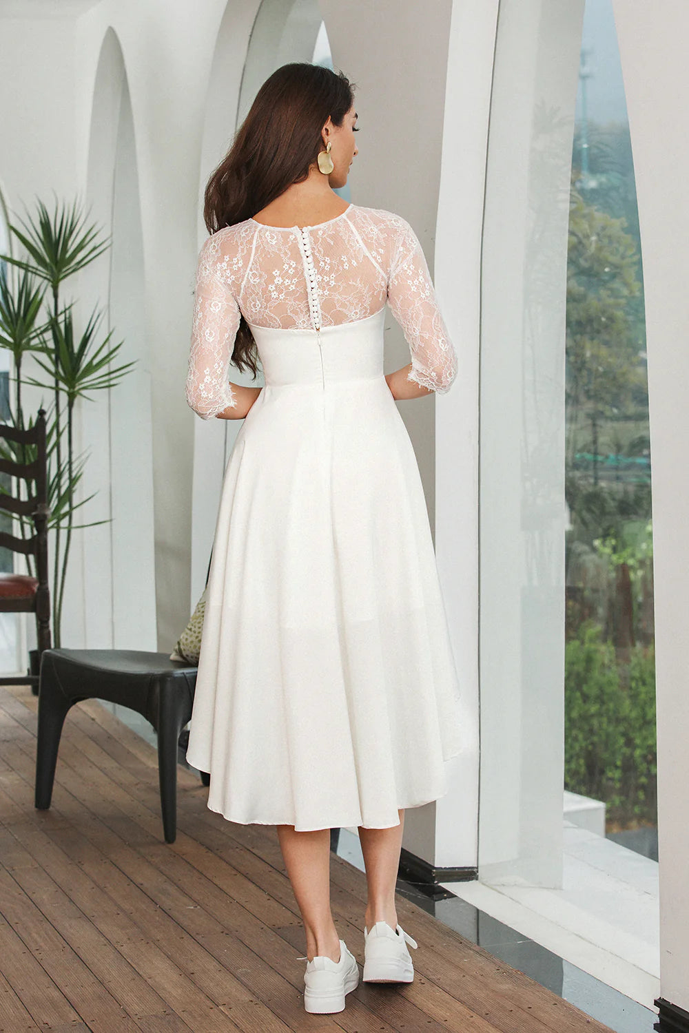 Cocktail Dresses Simple White Lace Sleeves High Low Graduation Dress