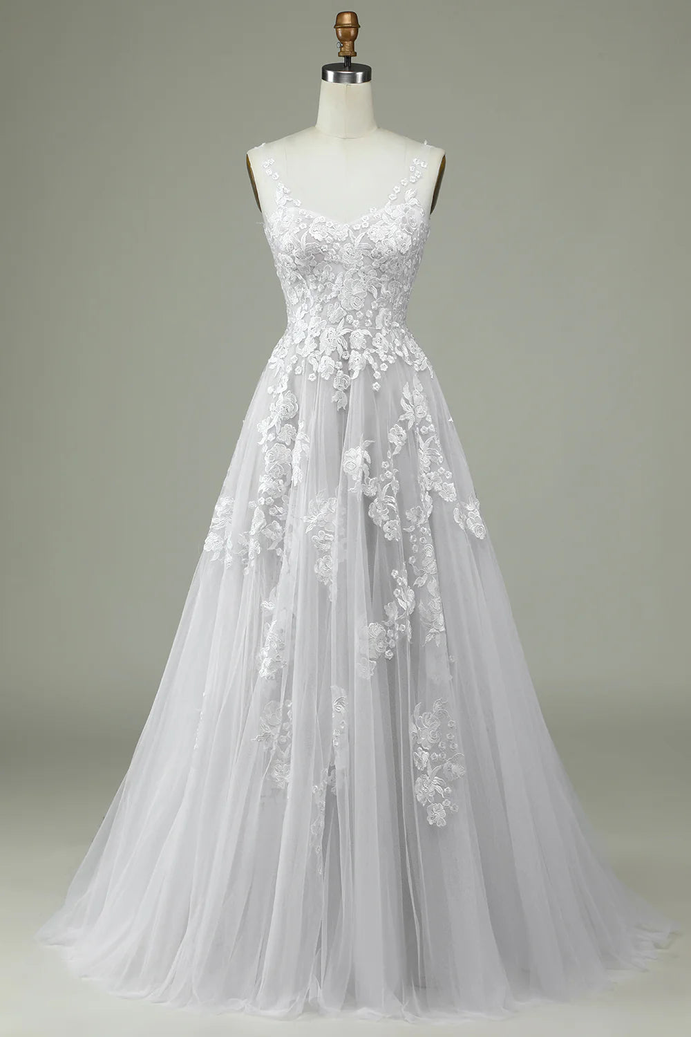 Wedding Dresses V Neck Sweep / Brush Train Satin Tulle Over Lace Spaghetti Strap  Backless Wedding Dress with Lace Appliques